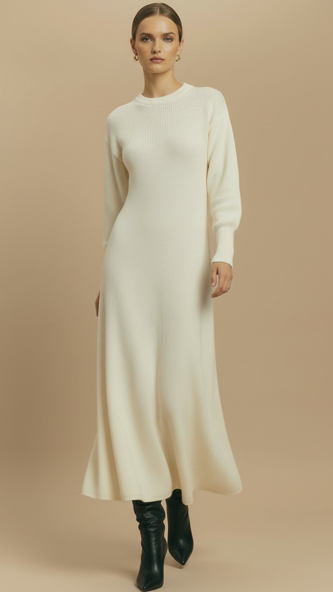 Rochie din  Lana Maxi croiala A-line  "Grace" - IVOIRE