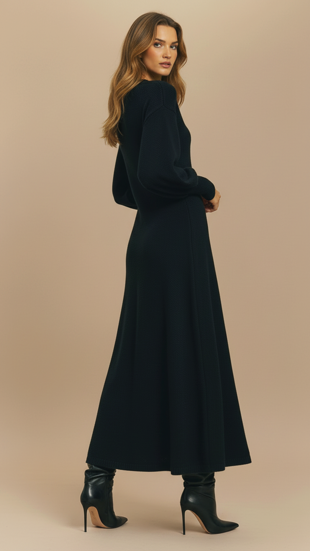 Rochie din  Lana Maxi croiala A-line  "Grace" - NEGRU