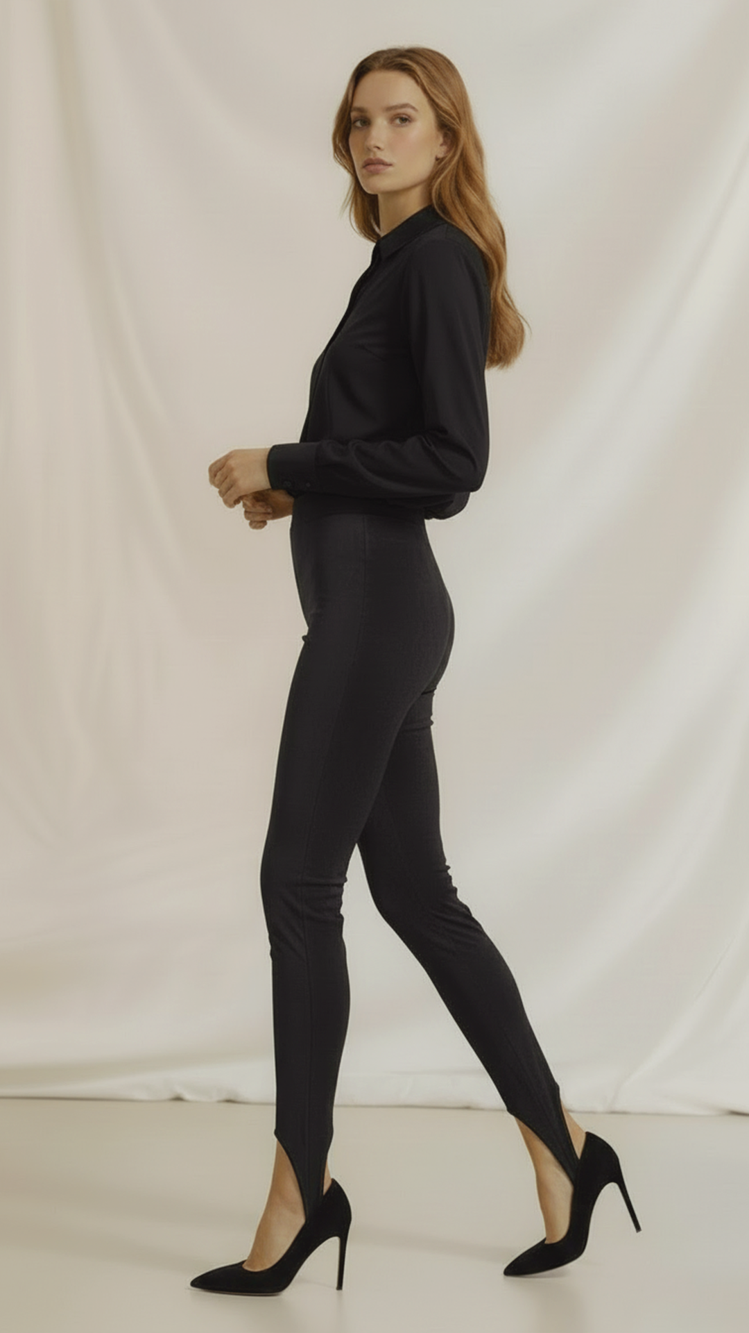 Colanți modelatori din piele intoarsa  cu talie înaltă și bareta reglabila Stirrup "Valerie" - Negru