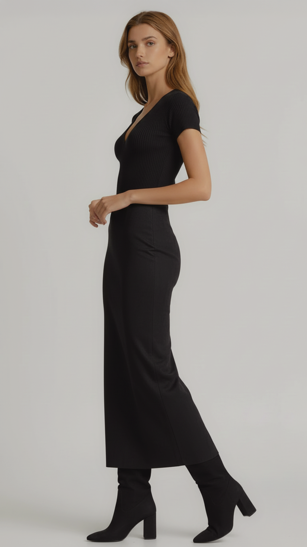 Fusta lunga  conica din piele Velur  "Angelica" - Negru Velur