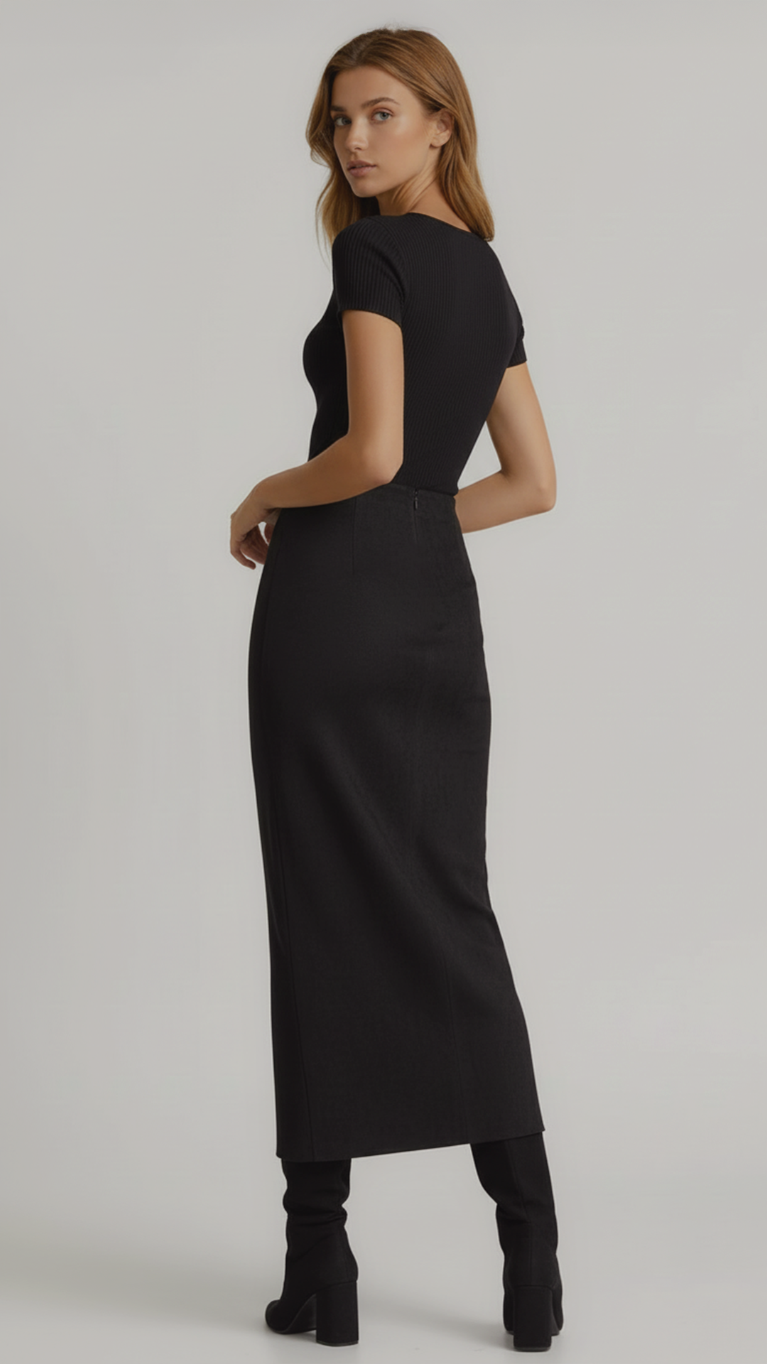 Fusta lunga  conica din piele Velur  "Angelica" - Negru Velur