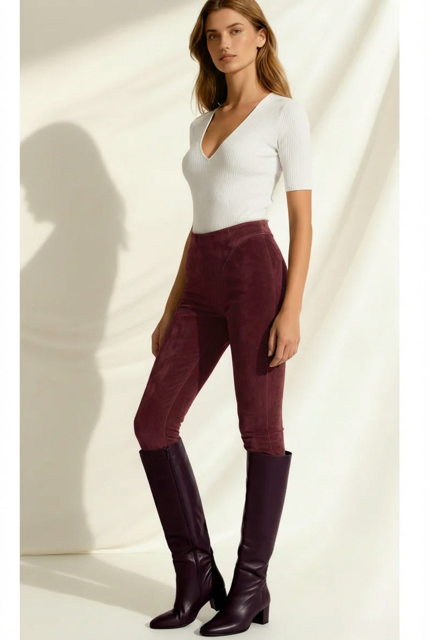 Colanți din Piele Intoarsa cu Talie Înaltă și Fermoar Ascuns – Design V-Cut și Efect Modelator - Deep Plum