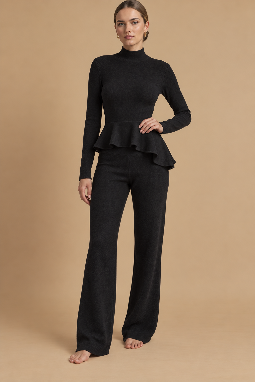 Compleu homewear din lână, cu bluză cambrată și pantaloni largi Negru OUTLET