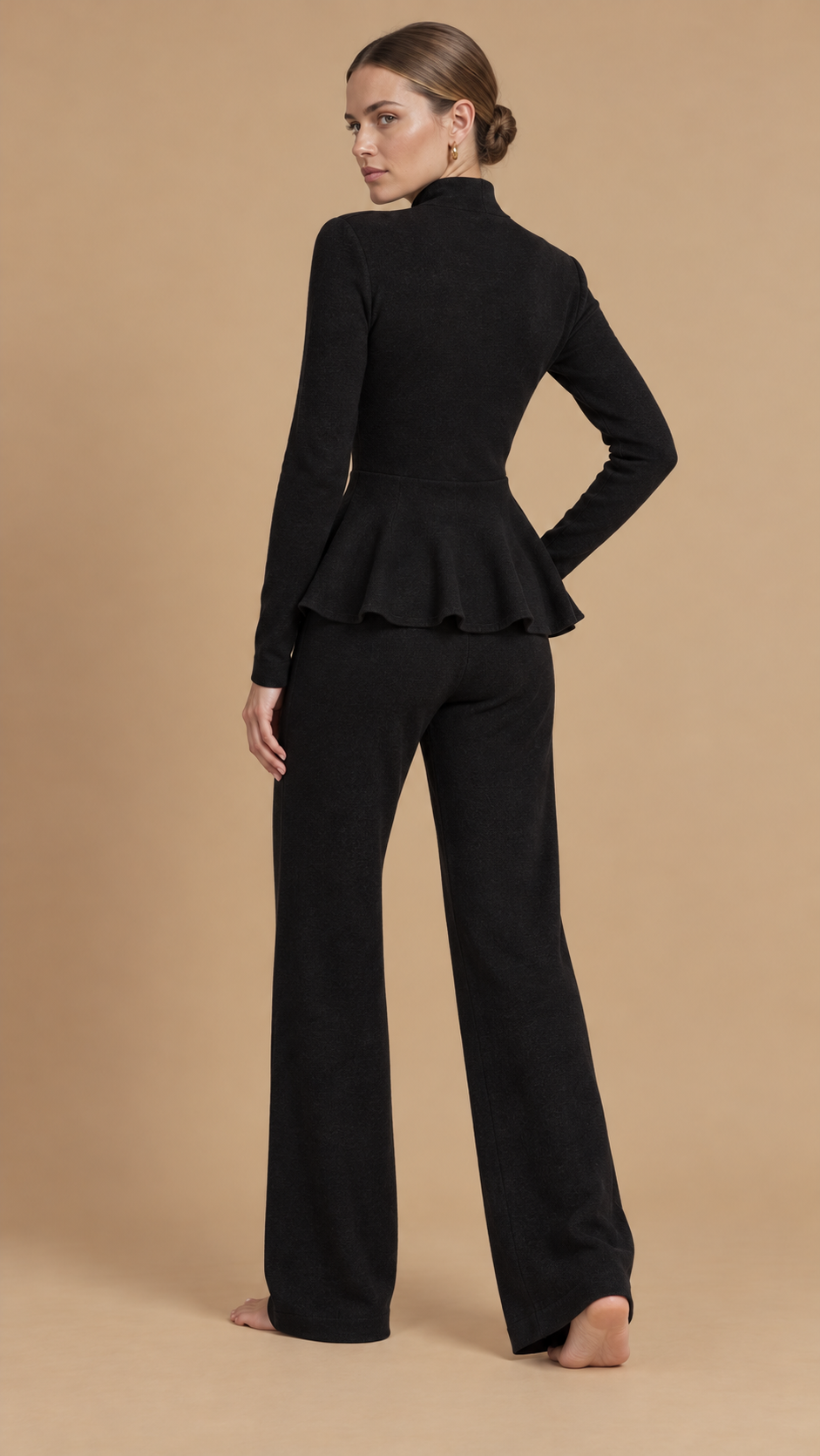 Compleu homewear din lână, cu bluză cambrată și pantaloni largi Negru OUTLET