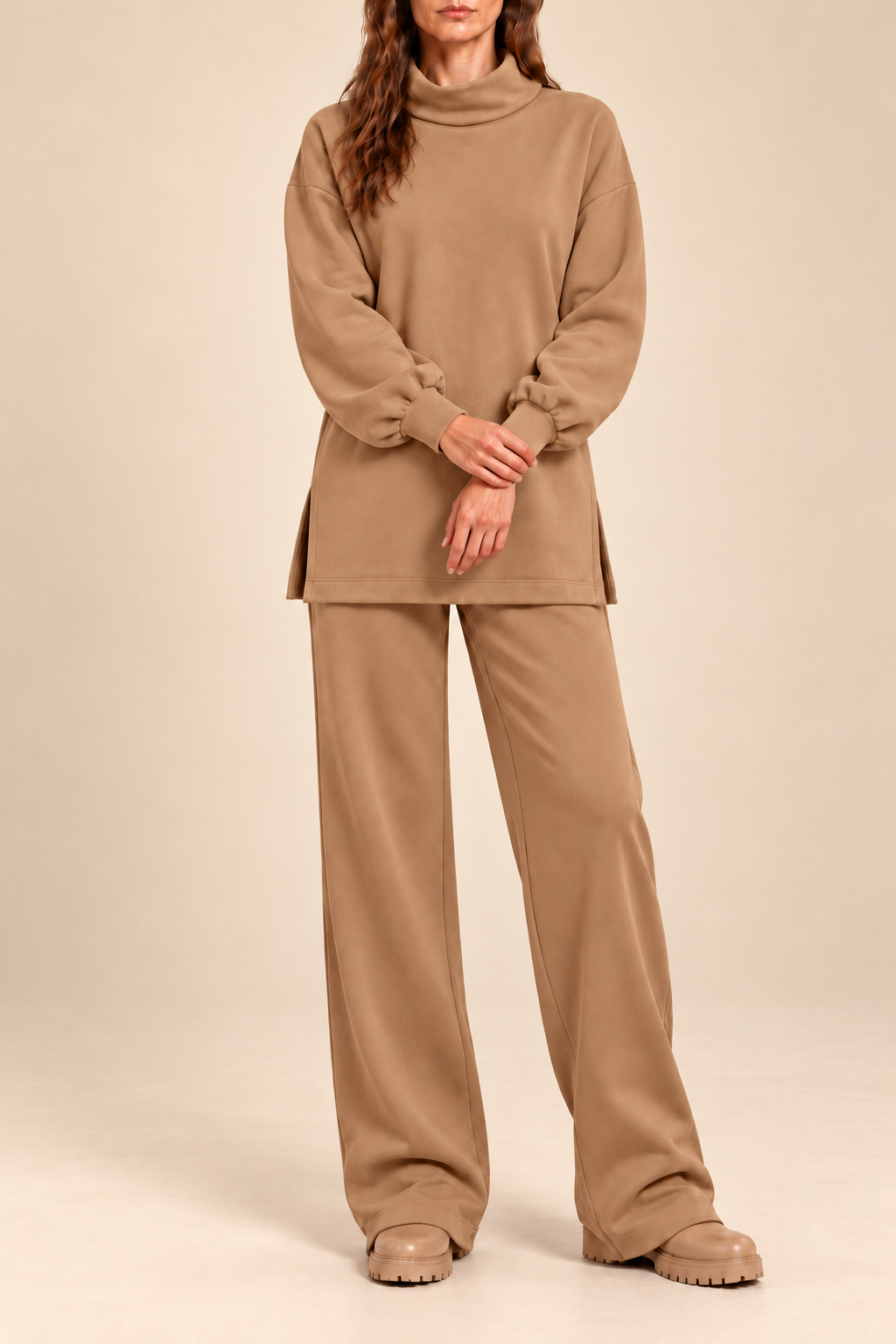 Compleu damă "Sofia" din bumbac bluză  și pantaloni drepti - Beige