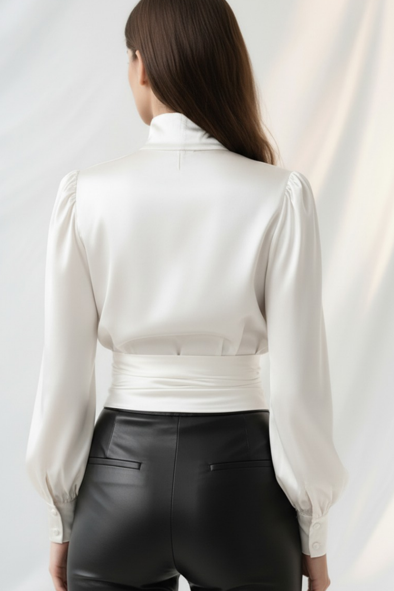 Bluză din mătase naturală „Aria” cu guler înalt și decupaj frontal – Sugar Couture
