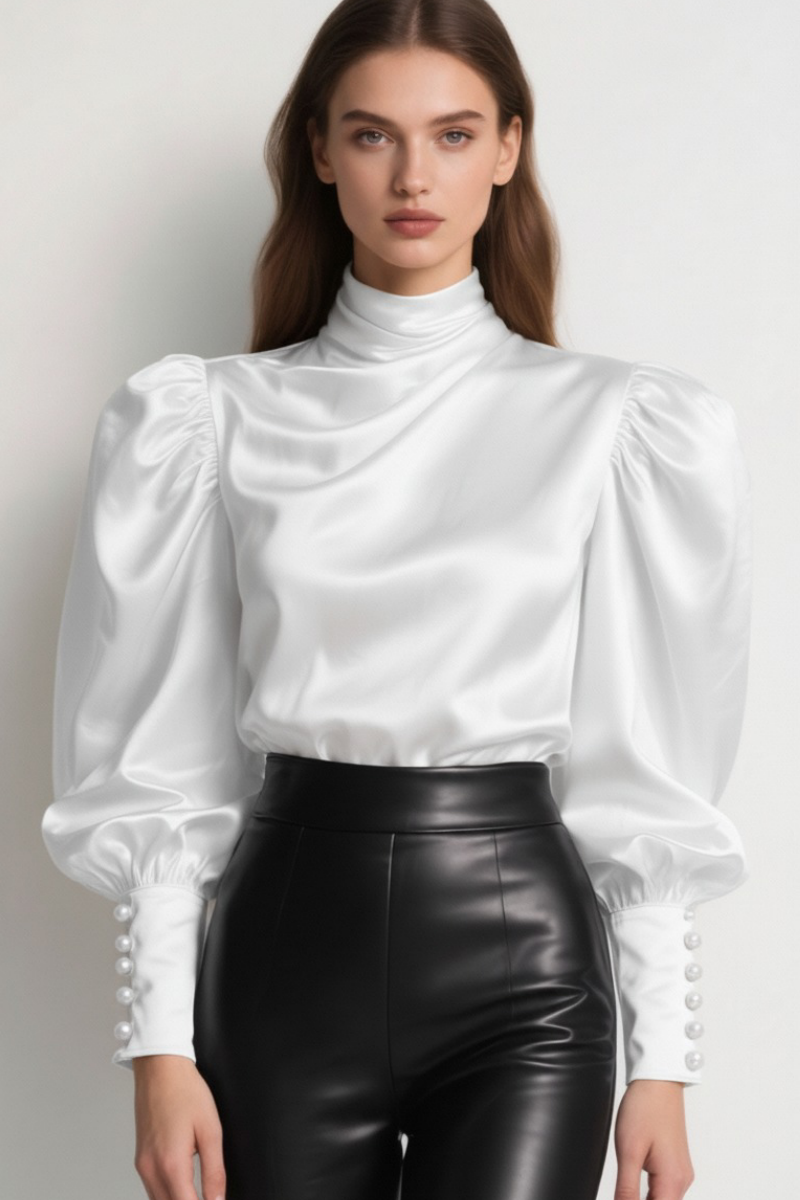 Bluză din mătase naturală „Aurora” cu guler înalt drapat și mâneci bufante – Sugar Couture
