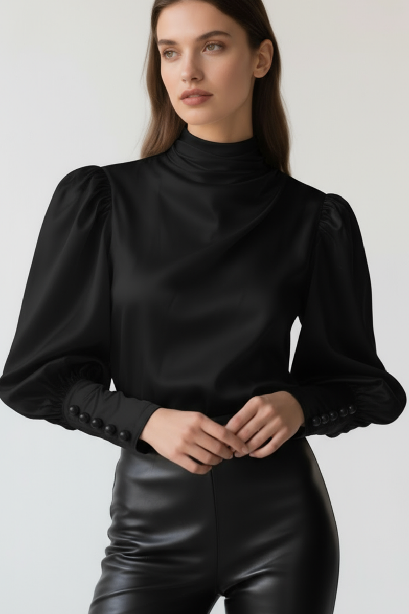 Bluză neagră din mătase naturală „Aurora” cu guler înalt drapat și mâneci bufante – Sugar Couture