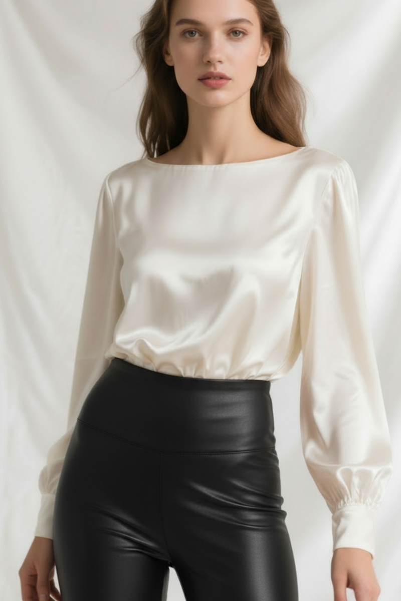 Bluză din mătase naturală „Luna” cu decolteu rotund tip bărcuță – Sugar Couture