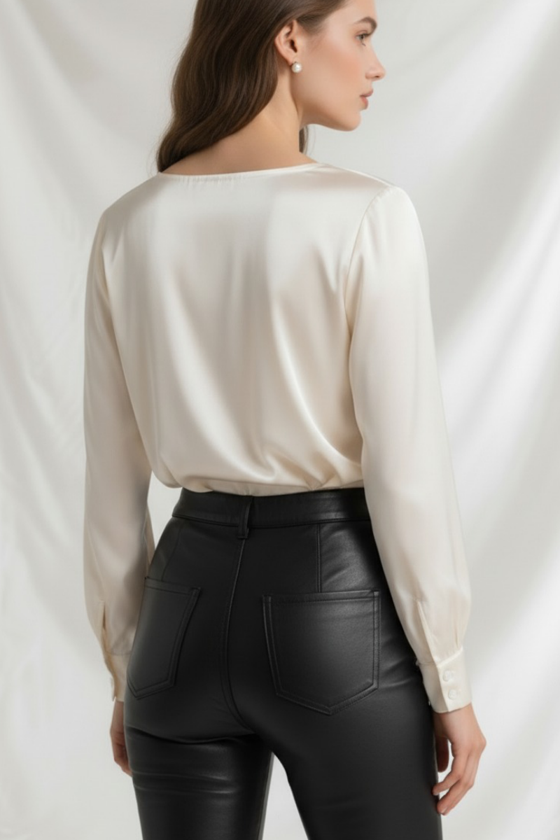 Bluză din mătase naturală „Luna” cu decolteu rotund tip bărcuță – Sugar Couture