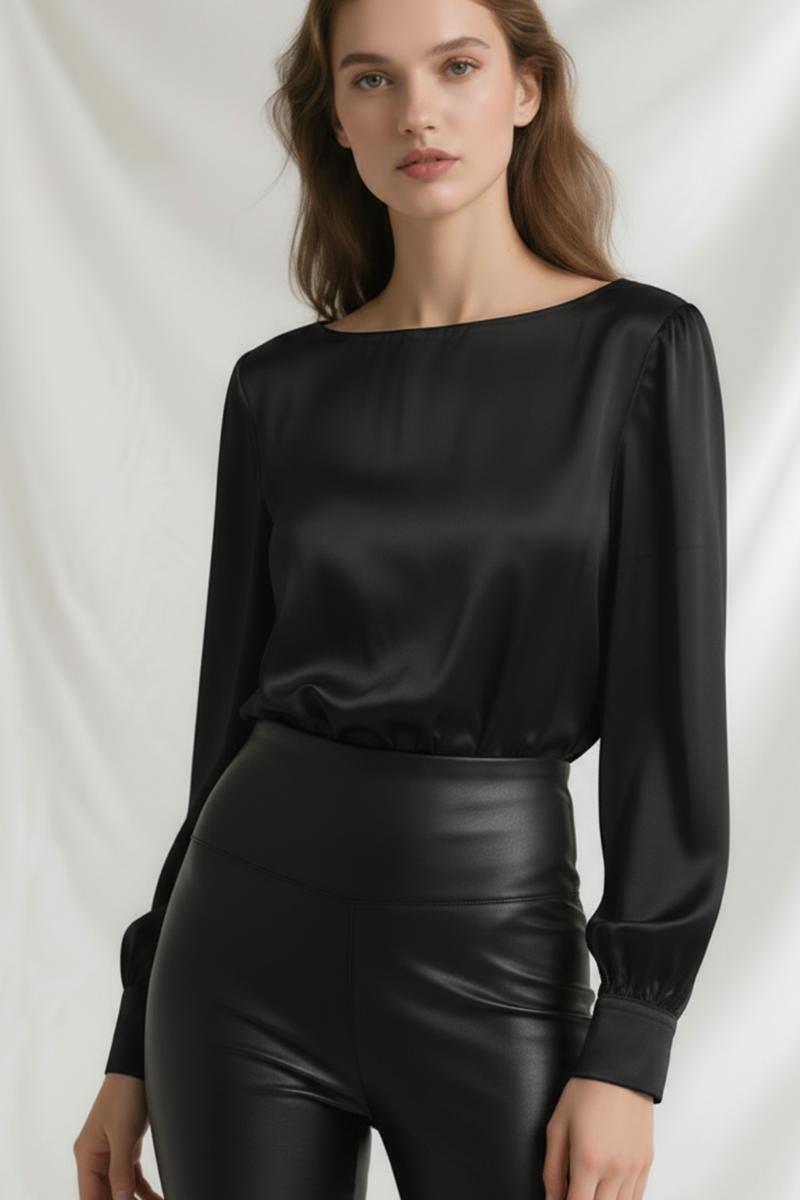 Bluză neagră din mătase naturală „Luna” cu decolteu rotund tip bărcuță – Sugar Couture