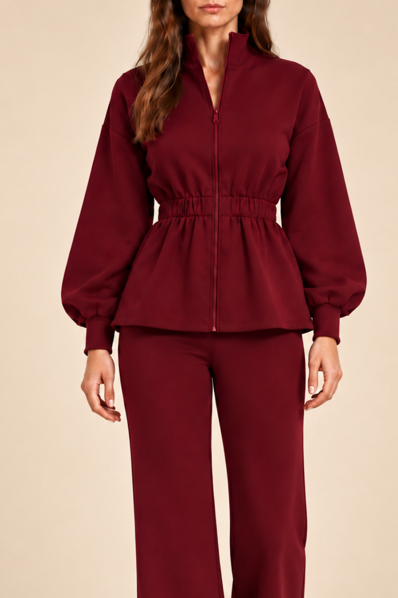 Compleu damă "Michaela" din bumbac bluză cu fermoar și pantaloni drepti - Burgundy