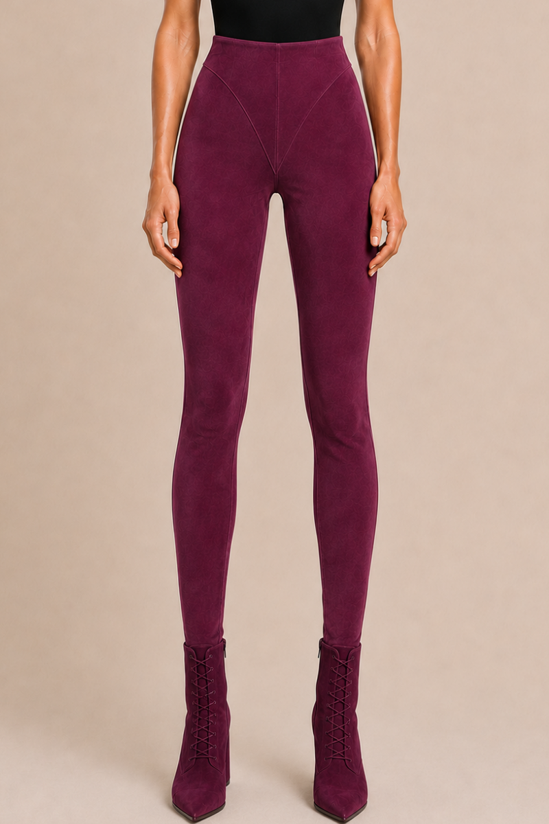 Colanți din Piele Intoarsa cu Talie Înaltă și Fermoar Ascuns – Design V-Cut și Efect Modelator - Deep Plum