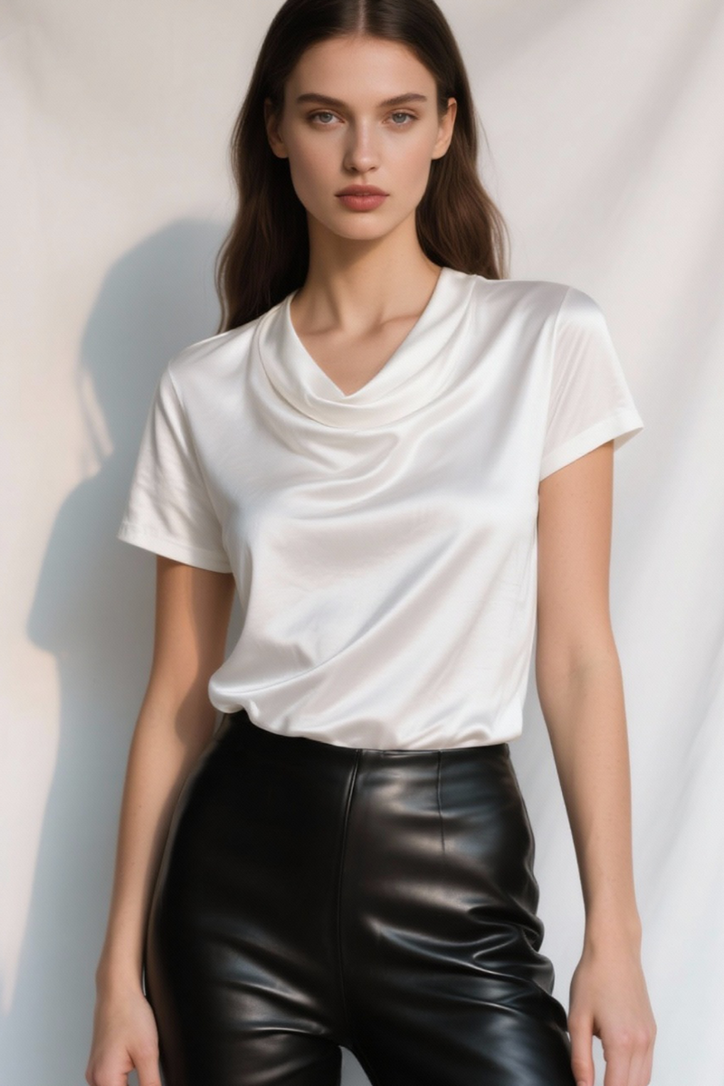 Top din mătase naturală „Eterna” cu decolteu drapat și mânecă scurtă – Sugar Couture