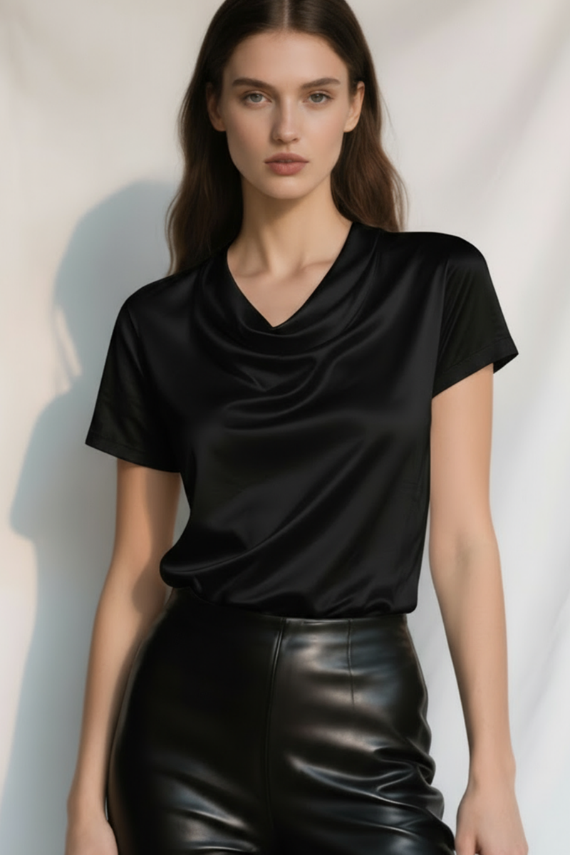 Top negru din mătase naturală „Eterna” cu decolteu drapat și mânecă scurtă – Sugar Couture