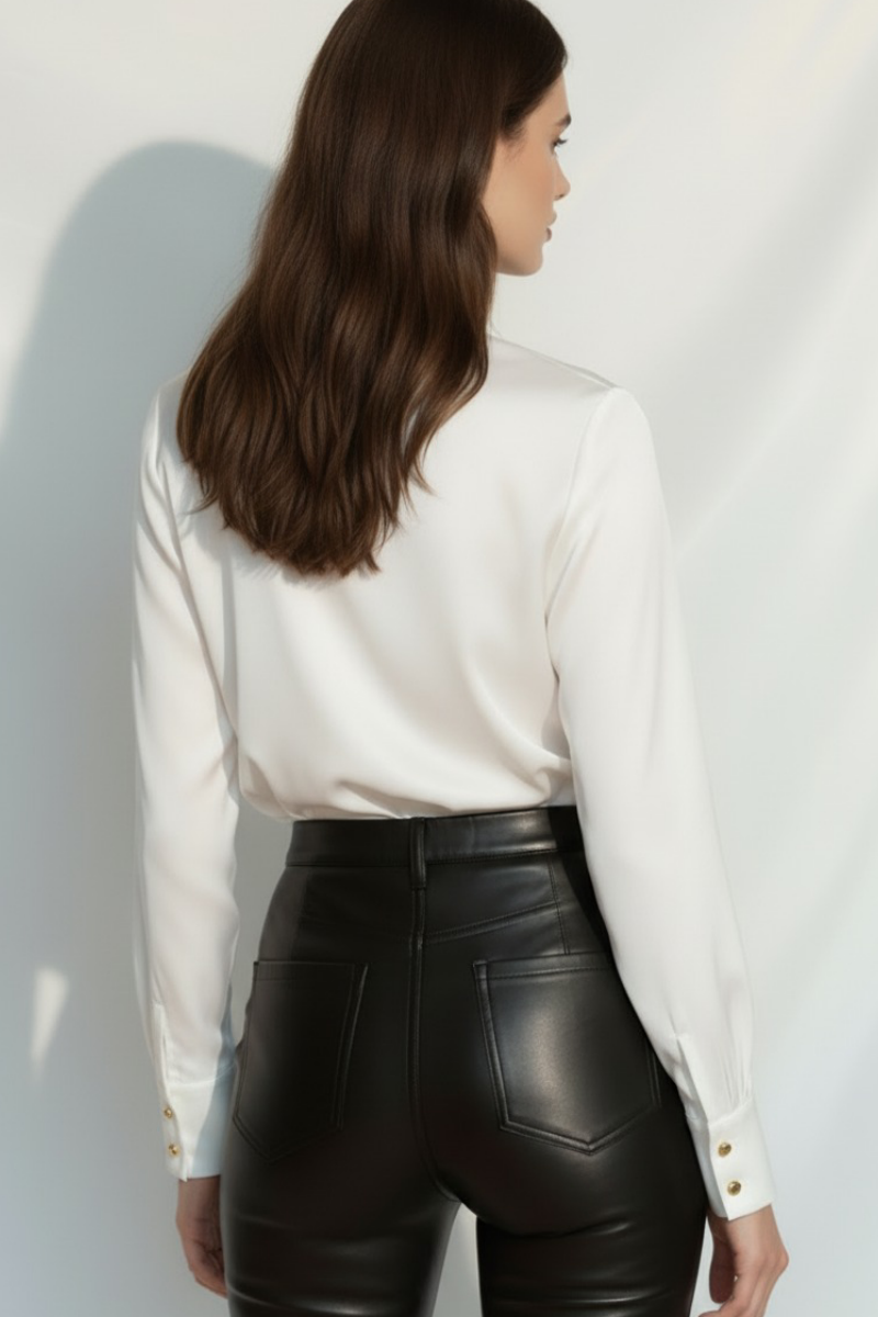 Bluză din mătase naturală „Iconic” cu guler ascuțit și detaliu choker – Sugar Couture