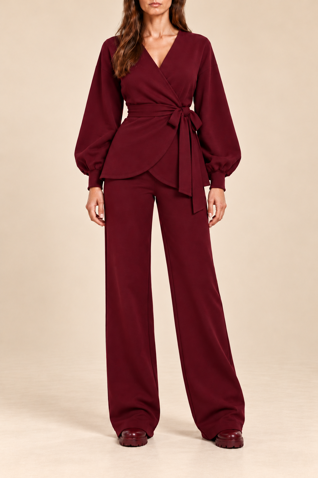 Compleu damă "Wrapped" din bumbac bluză și pantaloni drepti - Burgundy