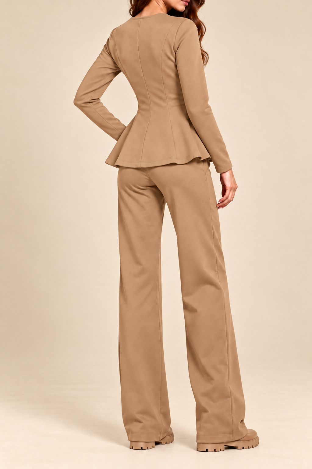 Compleu damă "Muse" din bumbac bluză cu fermoar și pantaloni drepti - Beige