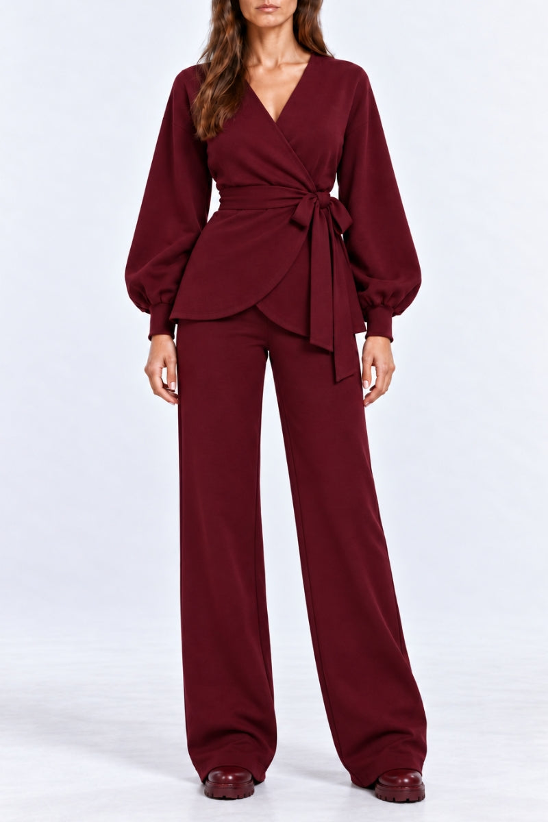 Compleu damă "Wrapped" din bumbac bluză și pantaloni drepti - Burgundy