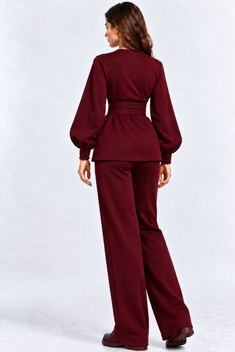 Compleu damă "Wrapped" din bumbac bluză și pantaloni drepti - Burgundy