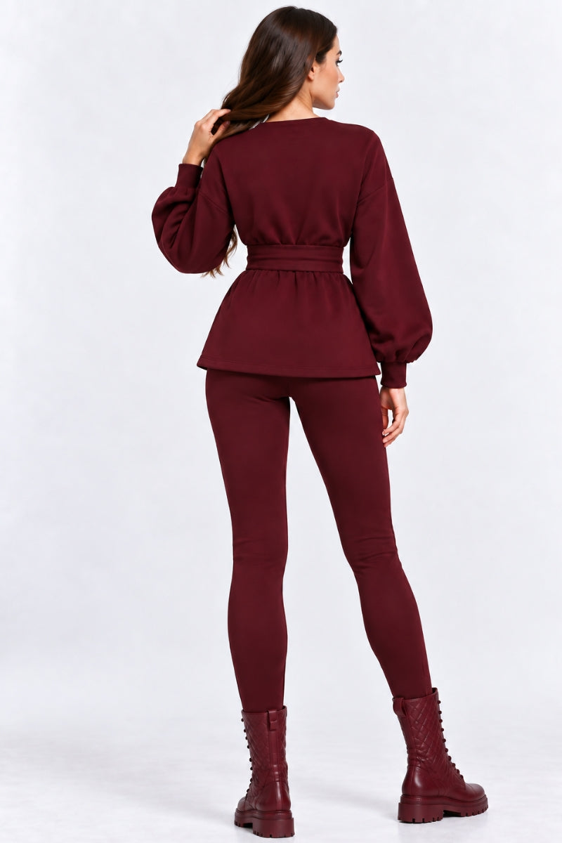 Compleu damă "Wrapped" din bumbac bluză și colanți - Burgundy