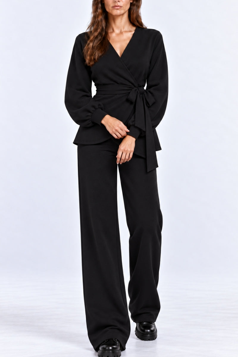 Compleu damă "Wrapped" din bumbac bluză și pantaloni drepti - Negru