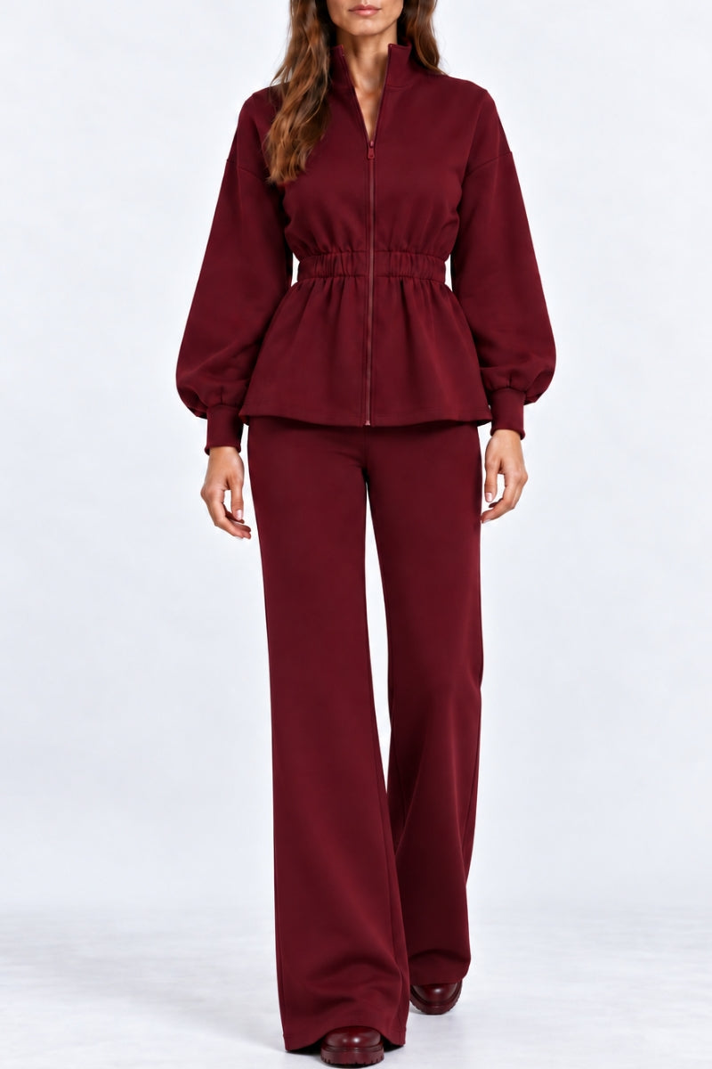 Compleu damă "Michaela" din bumbac bluză cu fermoar și pantaloni drepti - Burgundy