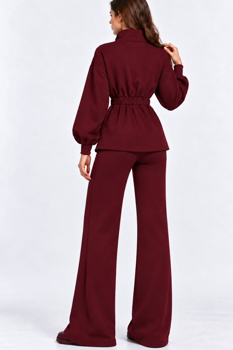 Compleu damă "Michaela" din bumbac bluză cu fermoar și pantaloni drepti - Burgundy