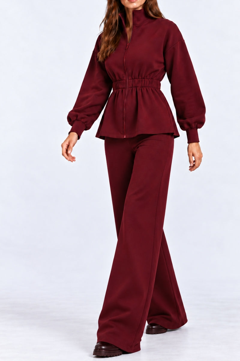 Compleu damă "Michaela" din bumbac bluză cu fermoar și pantaloni drepti - Burgundy