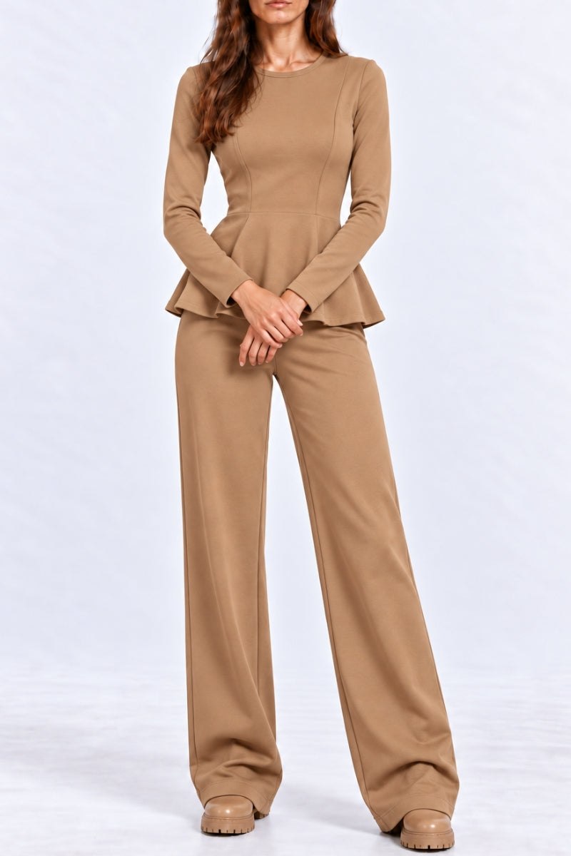 Compleu damă "Muse" din bumbac bluză cu fermoar și pantaloni drepti - Beige