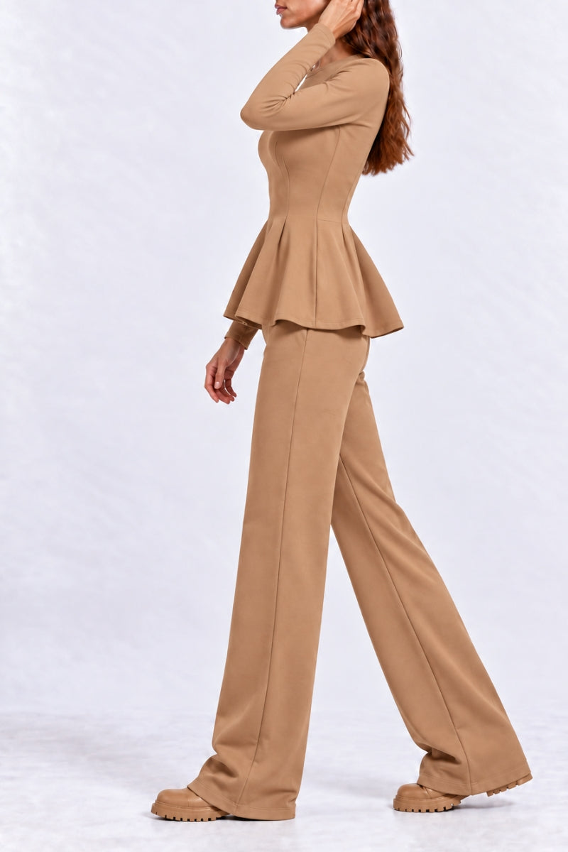 Compleu damă "Muse" din bumbac bluză cu fermoar și pantaloni drepti - Beige