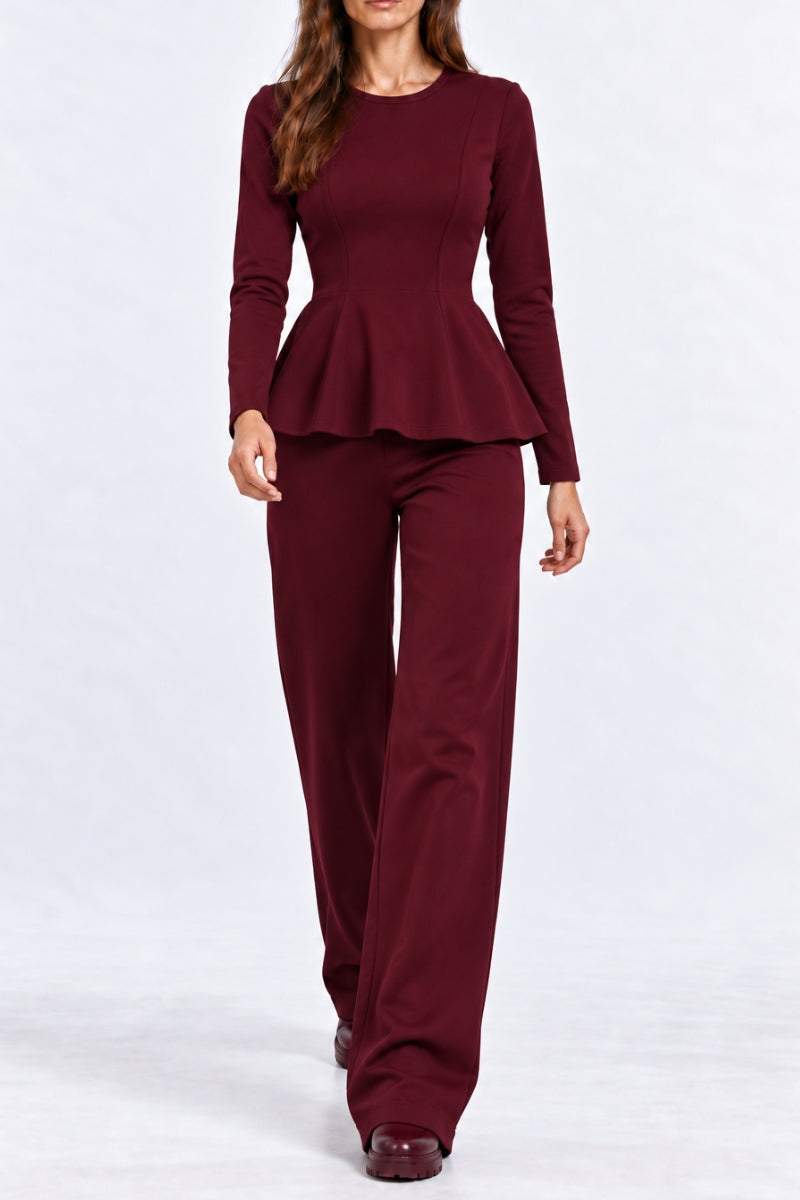 Compleu damă "Muse" din bumbac bluză cu fermoar și pantaloni drepti - Burgundy