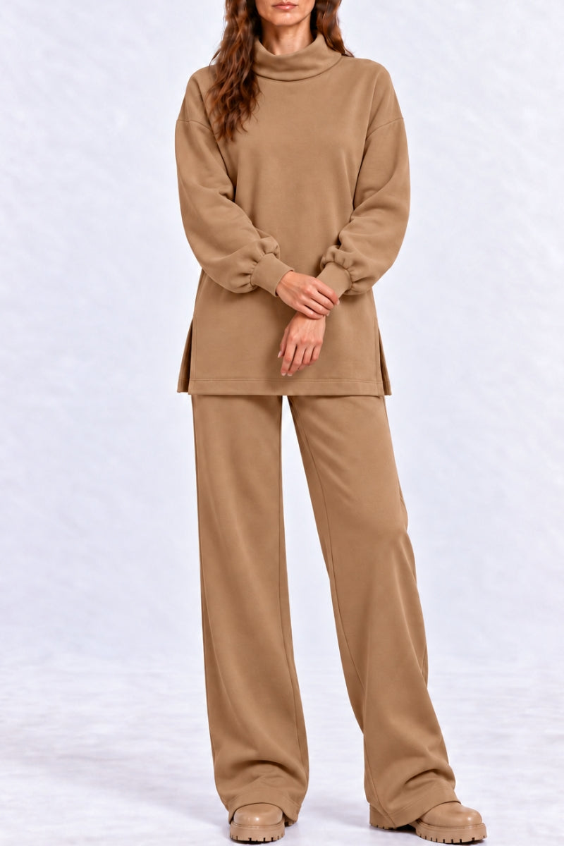 Compleu damă "Sofia" din bumbac bluză  și pantaloni drepti - Beige