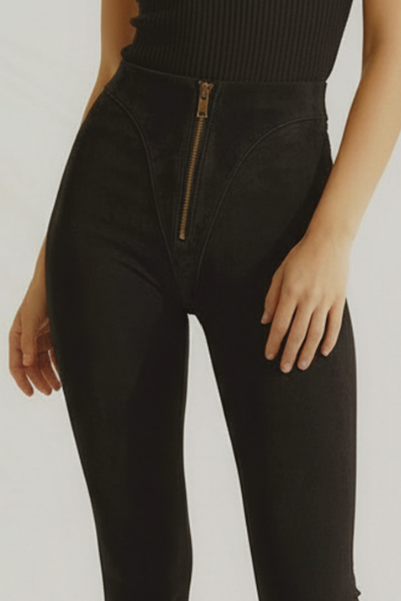 Colanți din piele întoarsă  cu talie înaltă și fermoar "V-Cut" - Negru