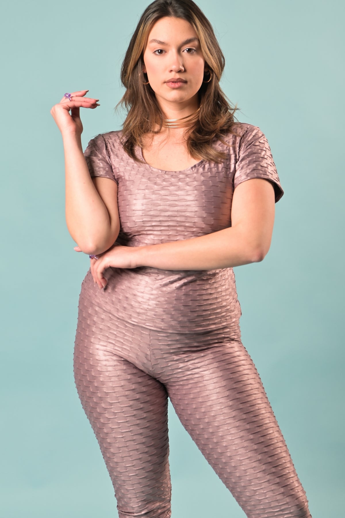 Set rose gold modelator plus size colanti talie inalta si tricou made for curves